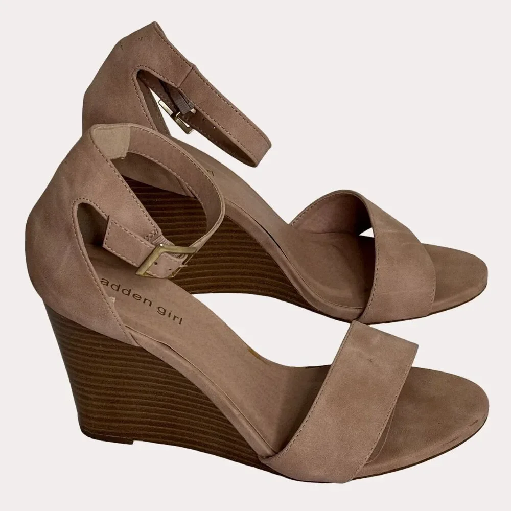 Madden Girl Faux Leather Wedge Heel Sandals Shoes Tan 10